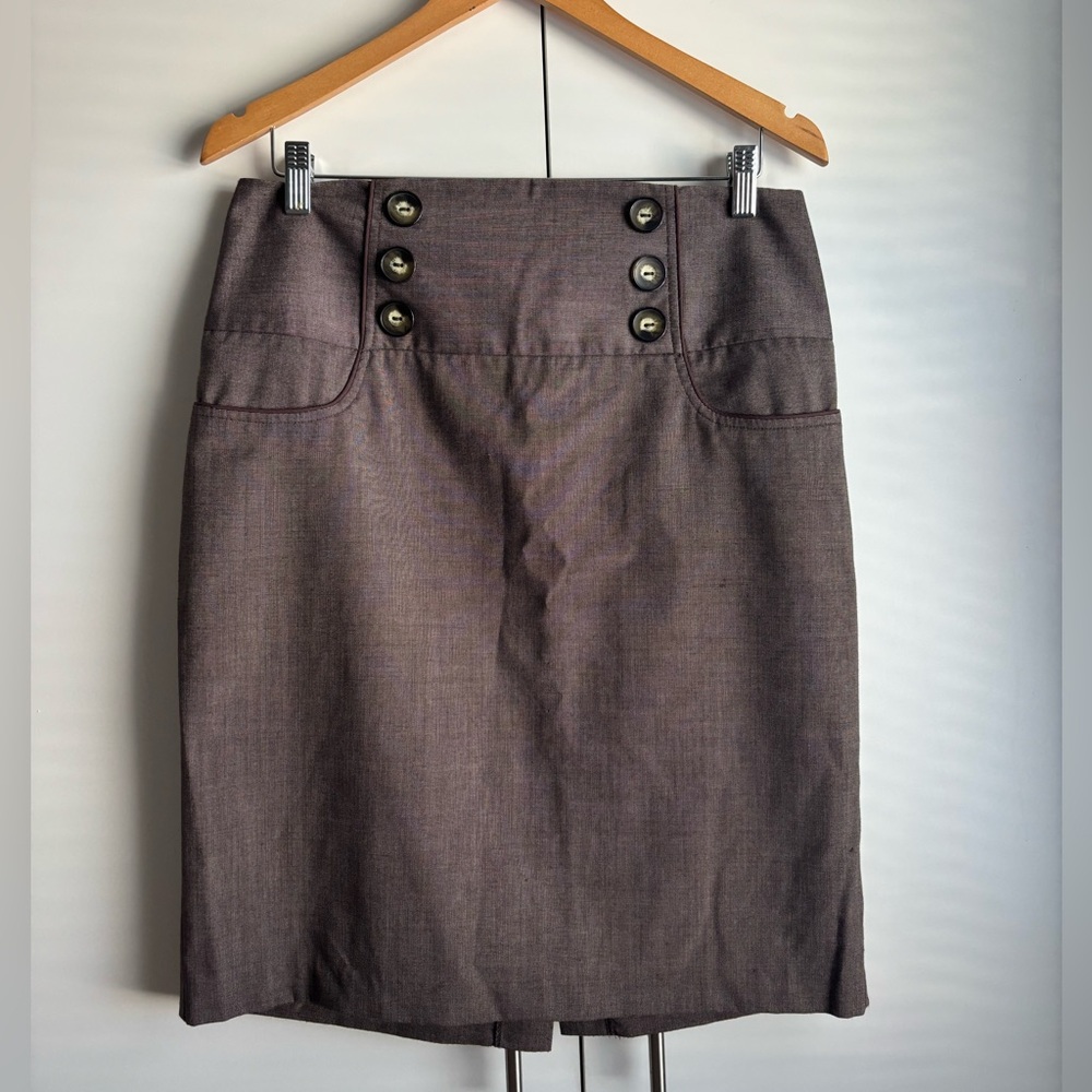 I.N. San Francisco Dark Brown High-Waist Pencil Skirt with Button Detail